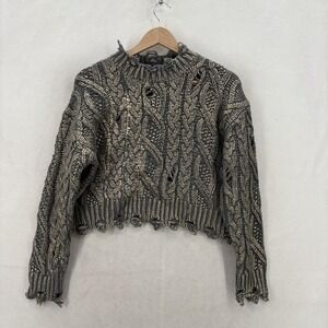 ZARA Sweater Womens Small Gold Metallic Distressed Cable Knit Crew Pullover NWT